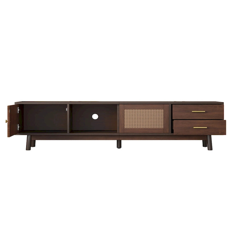 Mobile porta TV moderno di metà secolo marrone scuro/marrone, assemblaggio per 2 persone, adatto a TV fino a 80"