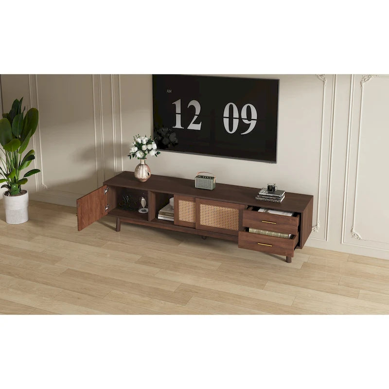 Mobile porta TV moderno di metà secolo marrone scuro/marrone, assemblaggio per 2 persone, adatto a TV fino a 80"