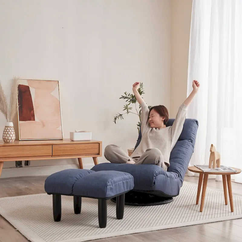 Poltrona reclinabile senza braccioli con poggiapiedi e poggiatesta regolabile – Blu / Bouclé beige / Grigio, Seduta singola