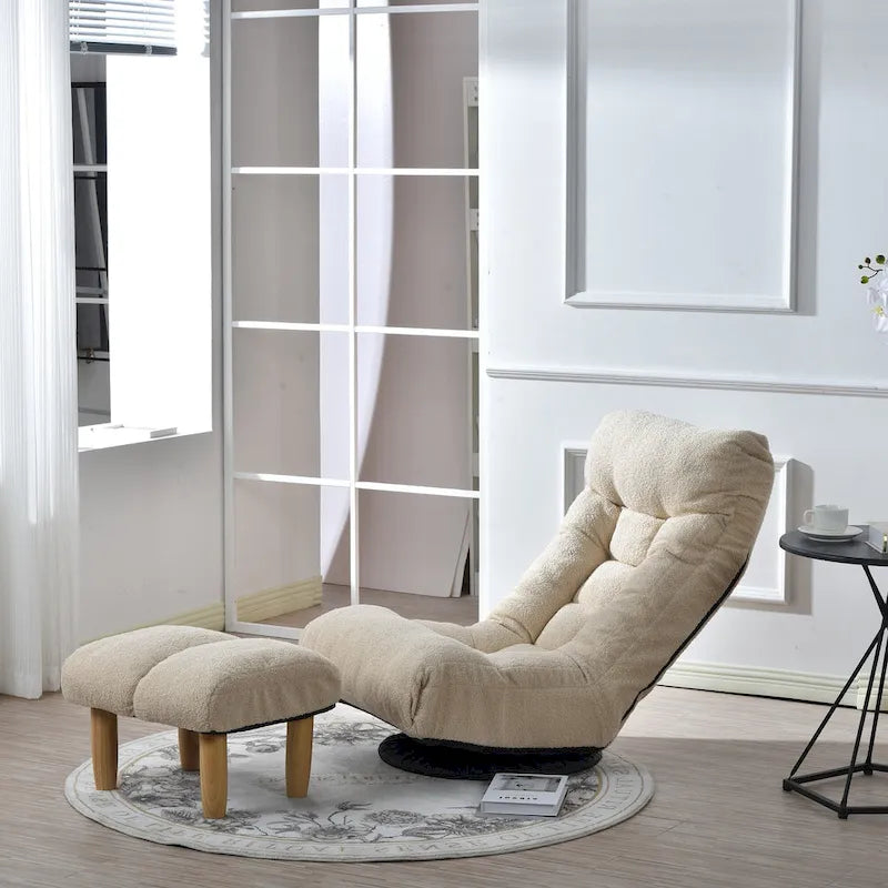 Poltrona reclinabile senza braccioli con poggiapiedi e poggiatesta regolabile – Blu / Bouclé beige / Grigio, Seduta singola