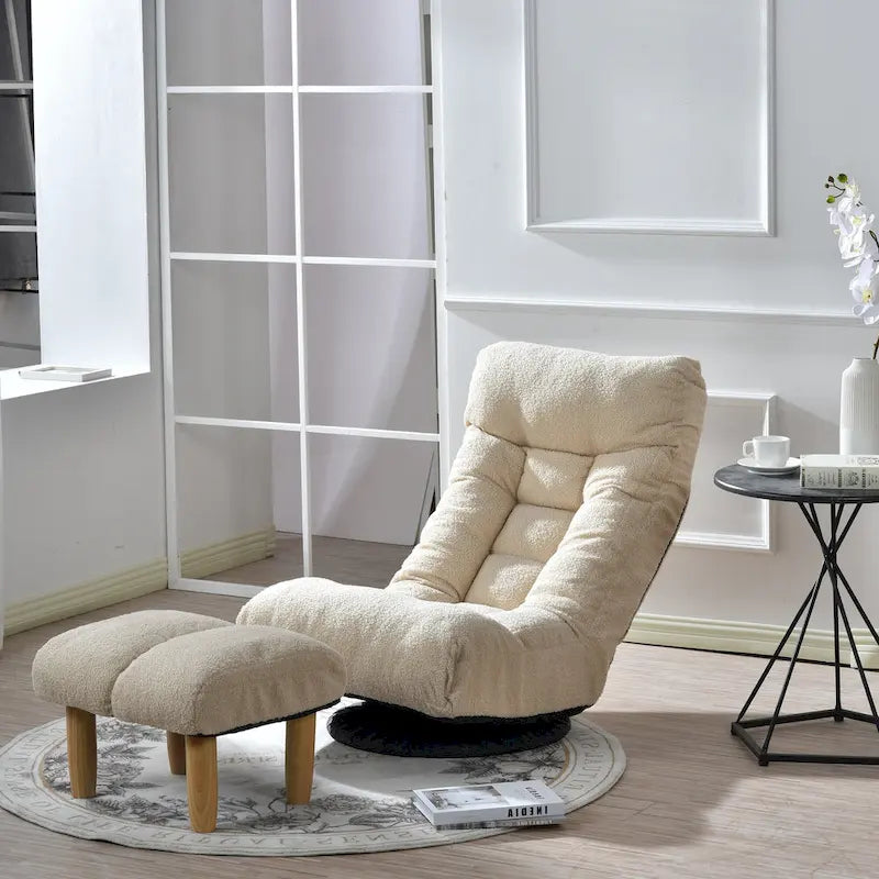 Poltrona reclinabile senza braccioli con poggiapiedi e poggiatesta regolabile – Blu / Bouclé beige / Grigio, Seduta singola