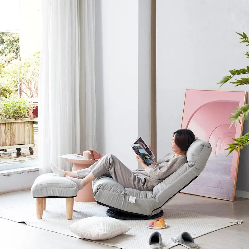 Poltrona reclinabile senza braccioli con poggiapiedi e poggiatesta regolabile – Blu / Bouclé beige / Grigio, Seduta singola