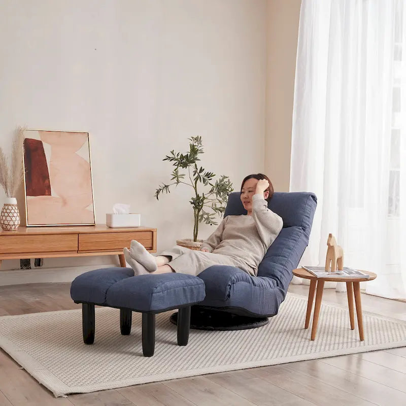 Poltrona reclinabile senza braccioli con poggiapiedi e poggiatesta regolabile – Blu / Bouclé beige / Grigio, Seduta singola