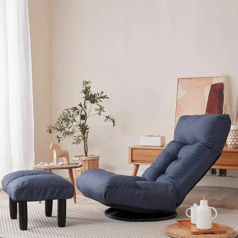 Poltrona reclinabile senza braccioli con poggiapiedi e poggiatesta regolabile – Blu / Bouclé beige / Grigio, Seduta singola