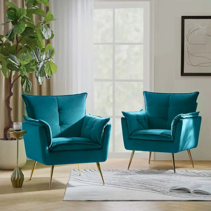 Poltrona d'accento trapuntata in velluto multicolore, gambe in metallo dorato, set da 2