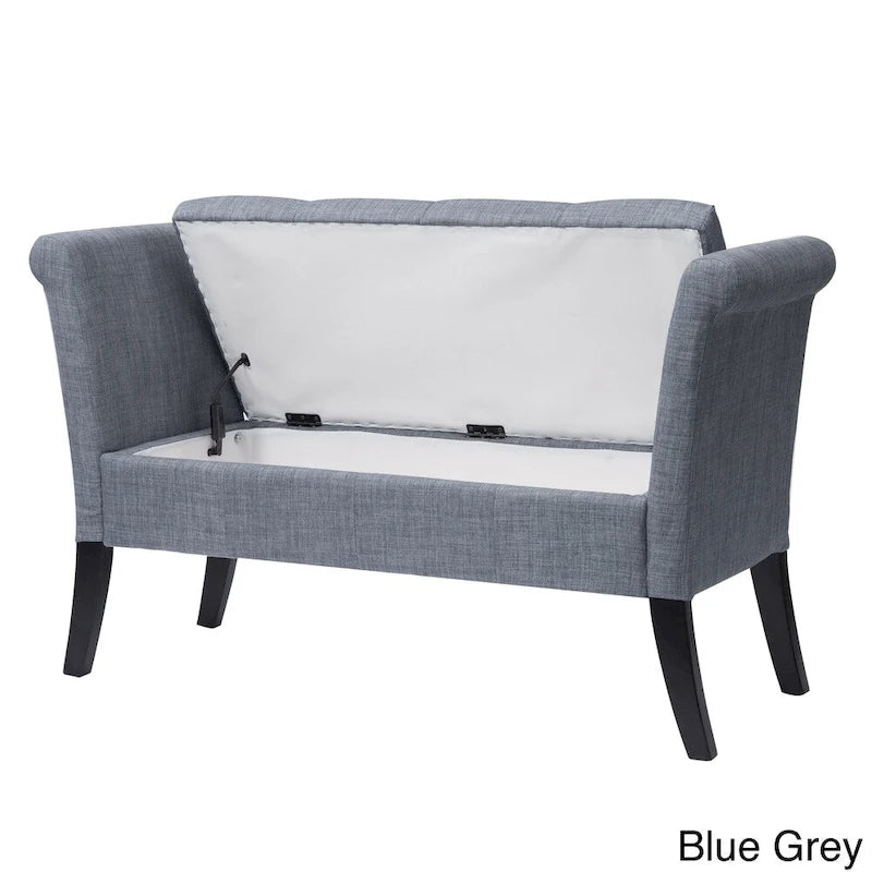 Panca contenitore imbottita grigia/beige/blu/gialla con braccioli a voluta, 1 posto