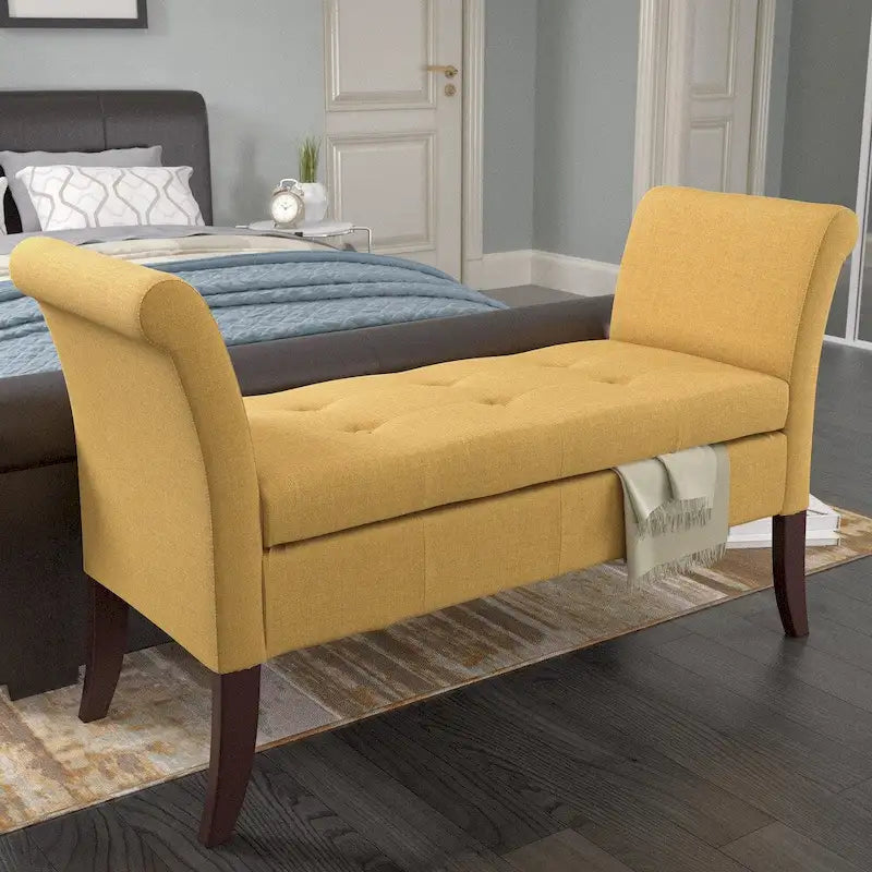 Panca contenitore imbottita grigia/beige/blu/gialla con braccioli a voluta, 1 posto