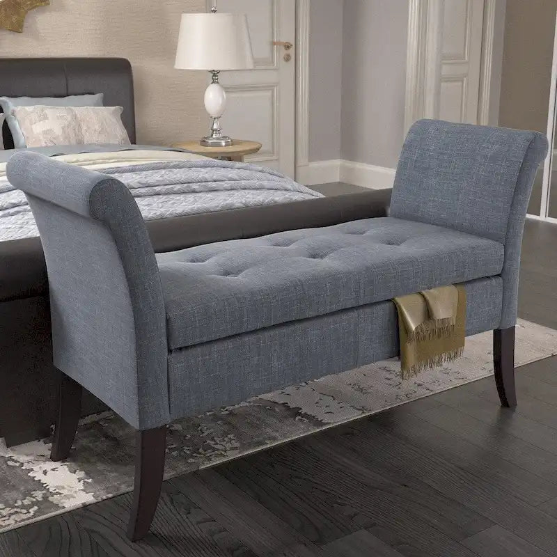 Panca contenitore imbottita grigia/beige/blu/gialla con braccioli a voluta, 1 posto