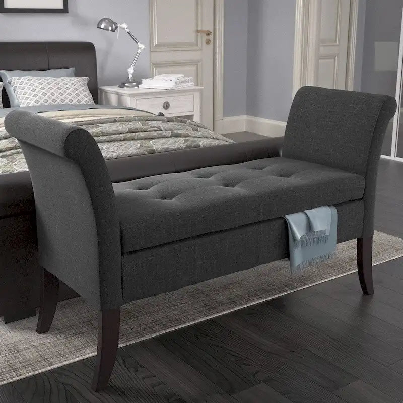 Panca contenitore imbottita grigia/beige/blu/gialla con braccioli a voluta, 1 posto