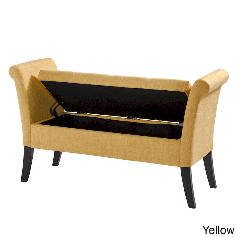 Panca contenitore imbottita grigia/beige/blu/gialla con braccioli a voluta, 1 posto
