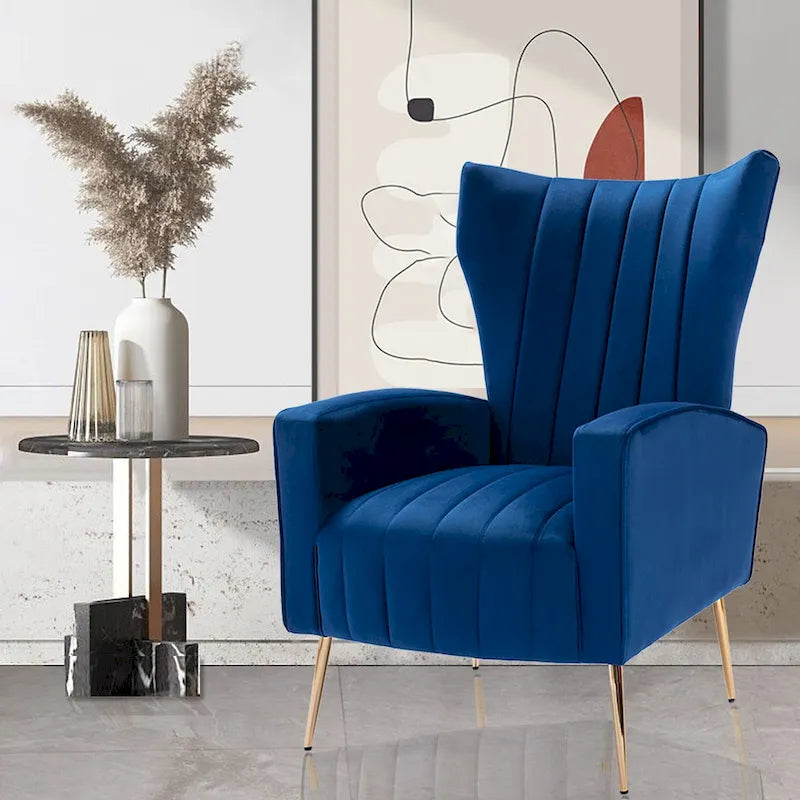 Poltrona in Velluto Grigio/Blu/Bianco con Schienale Alto e Gambe Dorate, Posto Singolo