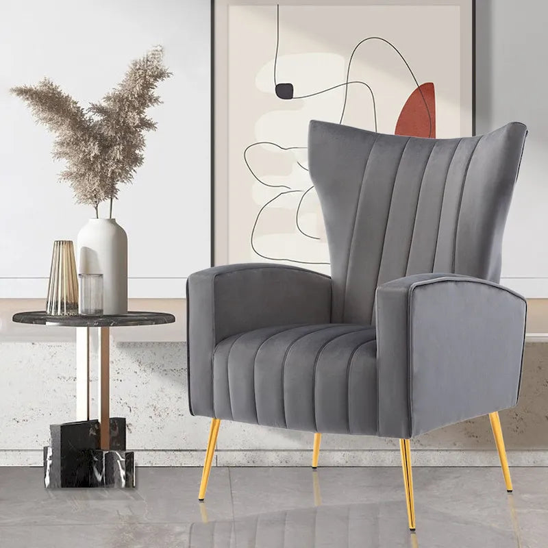 Poltrona in Velluto Grigio/Blu/Bianco con Schienale Alto e Gambe Dorate, Posto Singolo