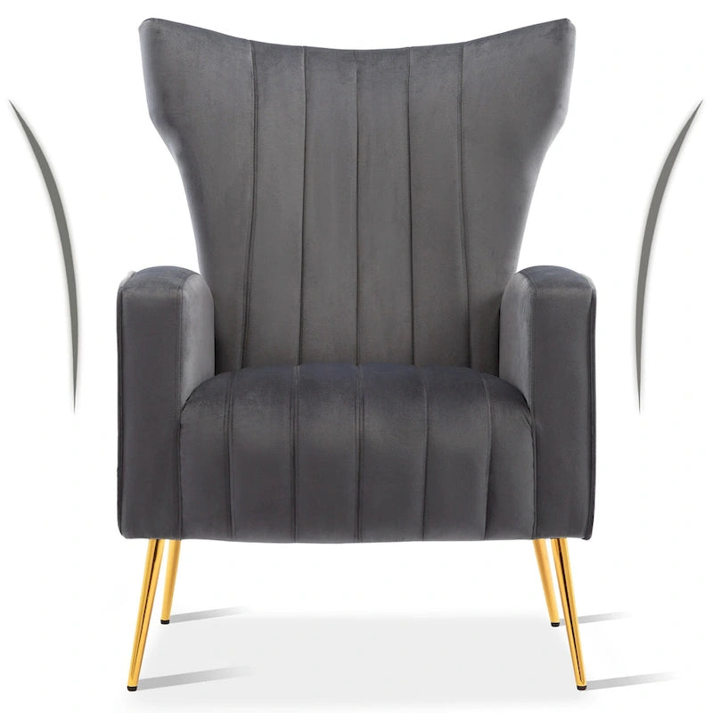 Poltrona in Velluto Grigio/Blu/Bianco con Schienale Alto e Gambe Dorate, Posto Singolo