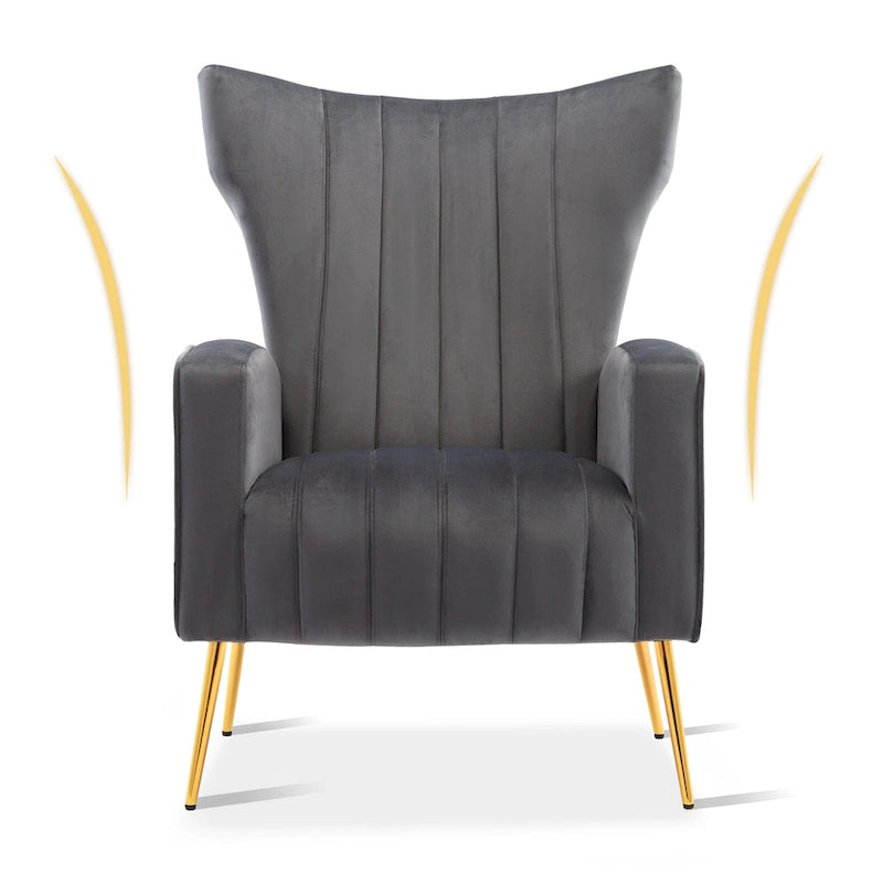 Poltrona in Velluto Grigio/Blu/Bianco con Schienale Alto e Gambe Dorate, Posto Singolo