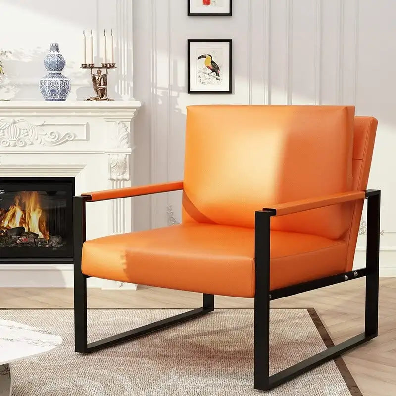 Poltrona d'Appoggio Mid-Century in Pelle Sintetica Arancione/Marrone/Grigio/Nero con Struttura in Acciaio, Posto Singolo