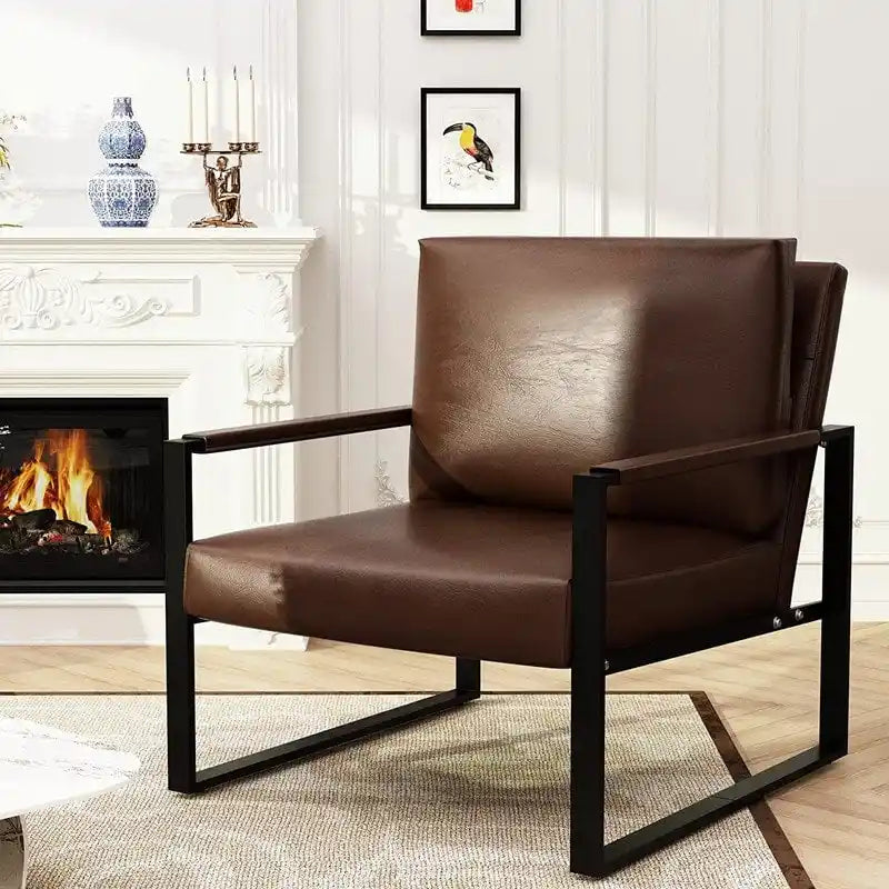 Poltrona d'Appoggio Mid-Century in Pelle Sintetica Arancione/Marrone/Grigio/Nero con Struttura in Acciaio, Posto Singolo