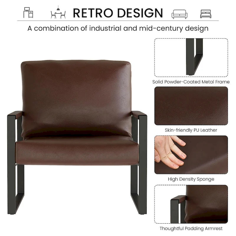 Poltrona d'Appoggio Mid-Century in Pelle Sintetica Arancione/Marrone/Grigio/Nero con Struttura in Acciaio, Posto Singolo