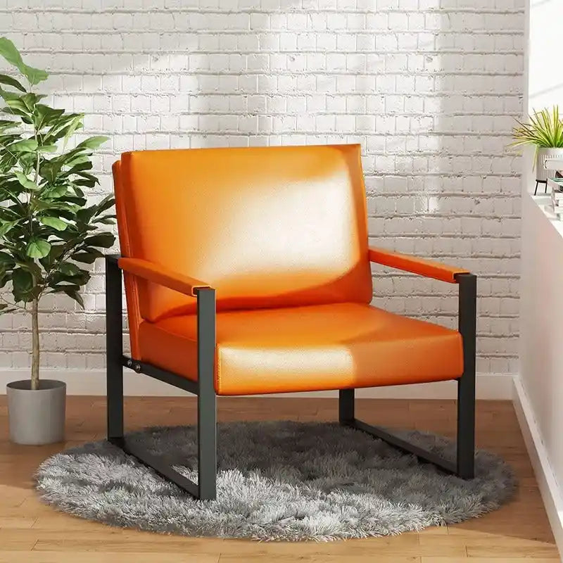 Poltrona d'Appoggio Mid-Century in Pelle Sintetica Arancione/Marrone/Grigio/Nero con Struttura in Acciaio, Posto Singolo
