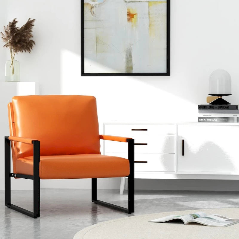 Poltrona d'Appoggio Mid-Century in Pelle Sintetica Arancione/Marrone/Grigio/Nero con Struttura in Acciaio, Posto Singolo
