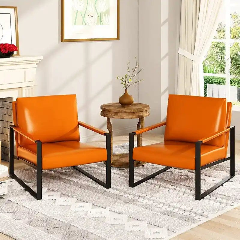 Poltrona d'Appoggio Mid-Century in Pelle Sintetica Arancione/Marrone/Grigio/Nero con Struttura in Acciaio, Posto Singolo