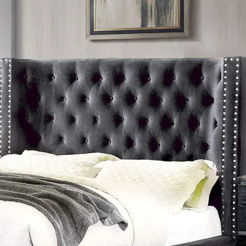 Letto imbottito con alette, grigio scuro, con bottoni, 1 persona – King / California King / Queen