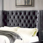 Letto imbottito con alette, grigio scuro, con bottoni, 1 persona – King / California King / Queen