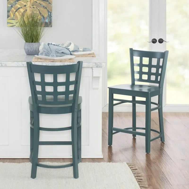 Sgabello da bancone rustico multicolore con schienale a griglia, set da 2