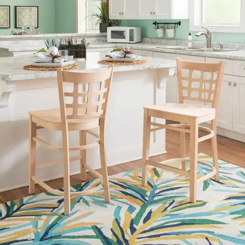 Sgabello da bancone rustico multicolore con schienale a griglia, set da 2