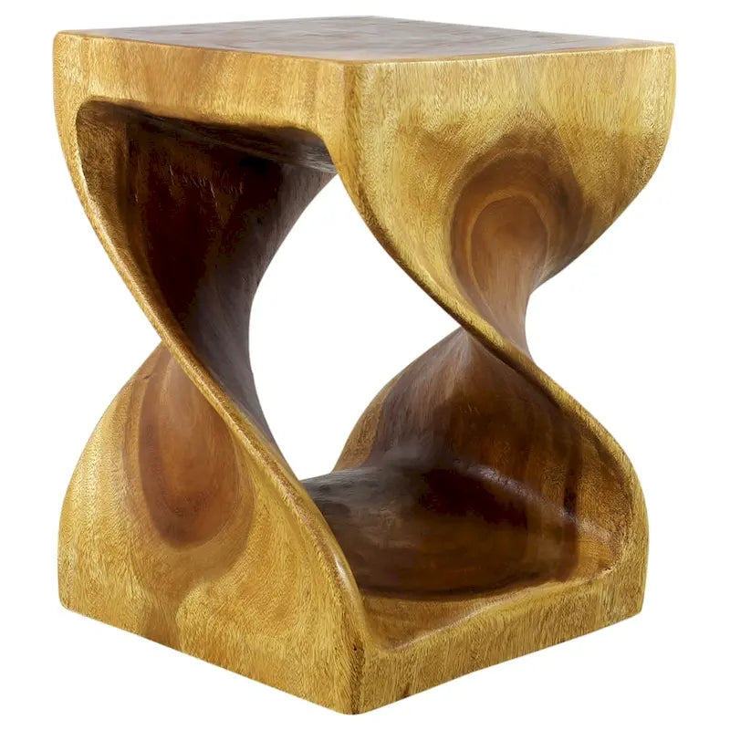 Sgabello/Tavolino d'appoggio in legno di rovere antico con intaglio a torsione, uso singolo, 38 x 38 x 51 cm
