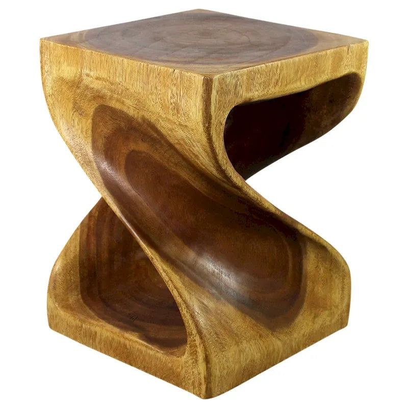 Sgabello/Tavolino d'appoggio in legno di rovere antico con intaglio a torsione, uso singolo, 38 x 38 x 51 cm