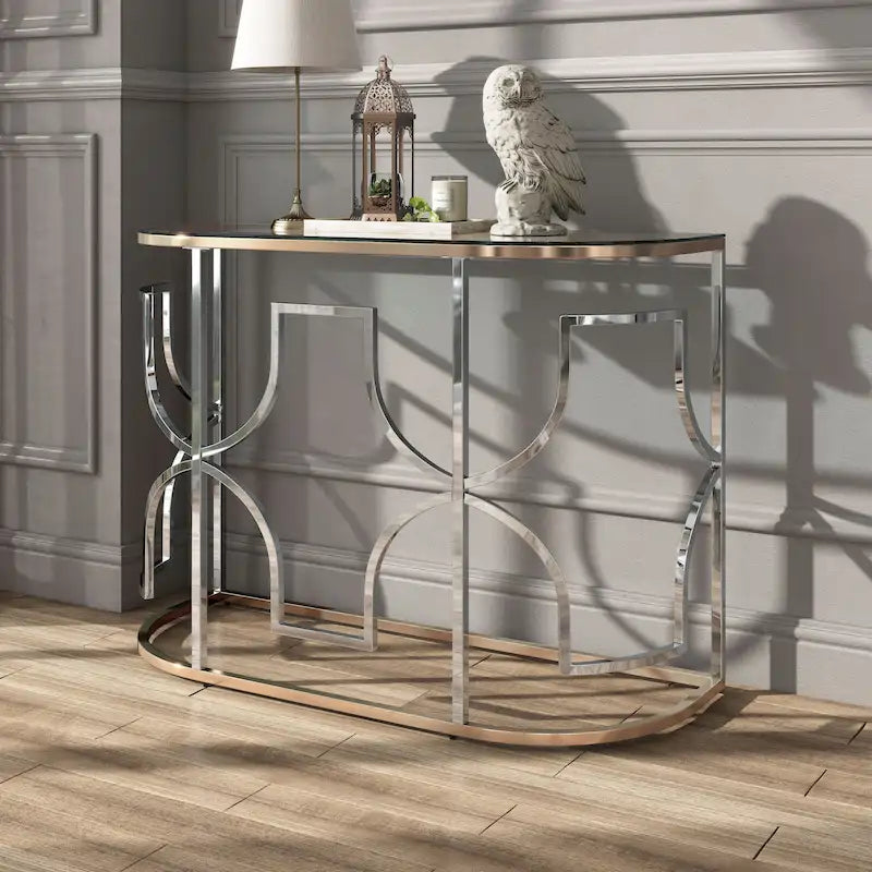 Tavolino da divano semicircolare cromato e oro, stile moderno aperto