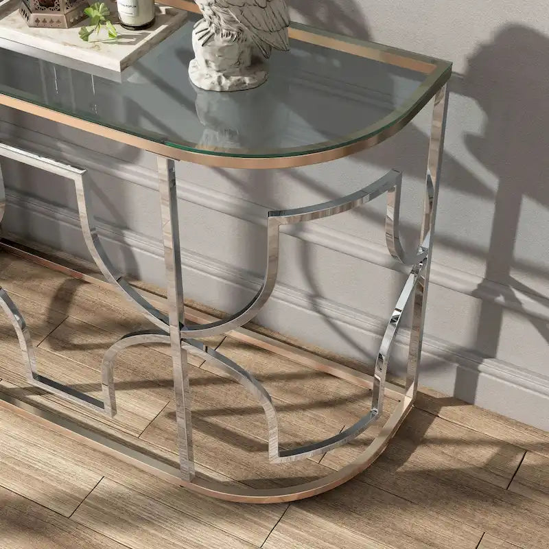 Tavolino da divano semicircolare cromato e oro, stile moderno aperto