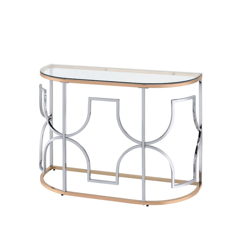 Tavolino da divano semicircolare cromato e oro, stile moderno aperto