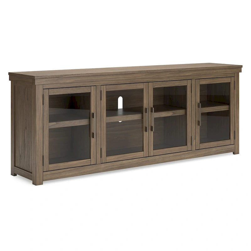 Mobile TV in legno marrone con ante in vetro, adatto a TV fino a 97", montaggio per 1 persona – 85W x 18D x 33H