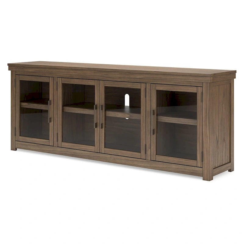 Mobile TV in legno marrone con ante in vetro, adatto a TV fino a 97", montaggio per 1 persona – 85W x 18D x 33H