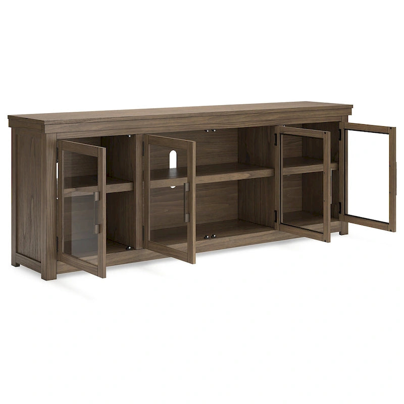 Mobile TV in legno marrone con ante in vetro, adatto a TV fino a 97", montaggio per 1 persona – 85W x 18D x 33H