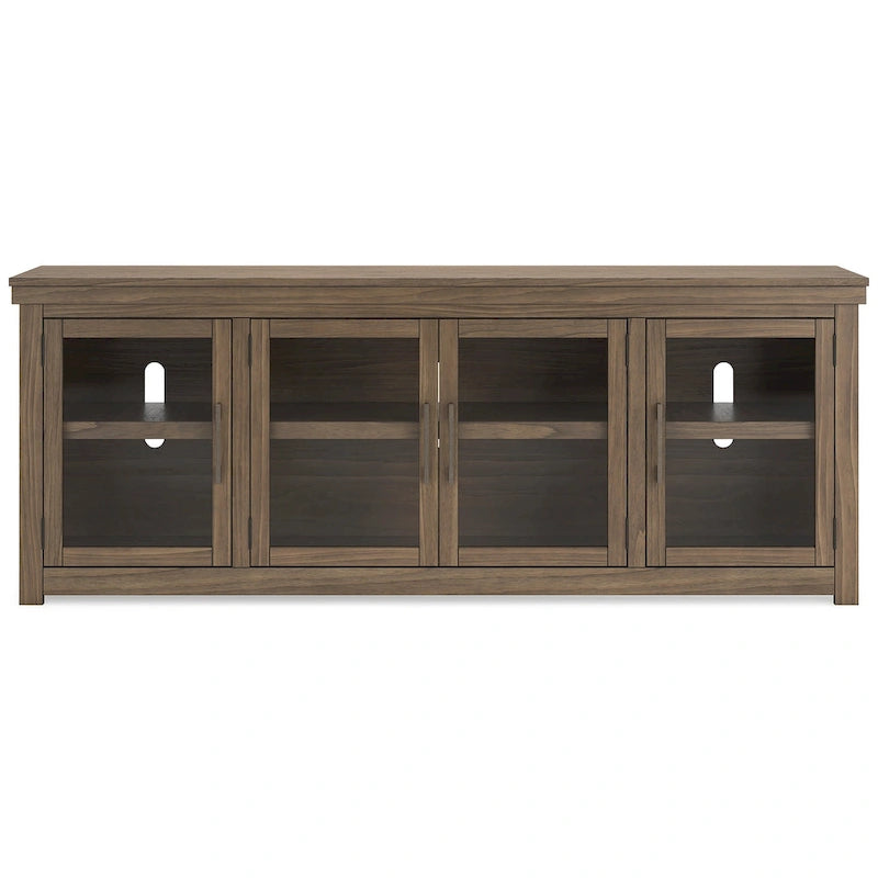 Mobile TV in legno marrone con ante in vetro, adatto a TV fino a 97", montaggio per 1 persona – 85W x 18D x 33H