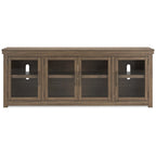 Mobile TV in legno marrone con ante in vetro, adatto a TV fino a 97", montaggio per 1 persona – 85W x 18D x 33H