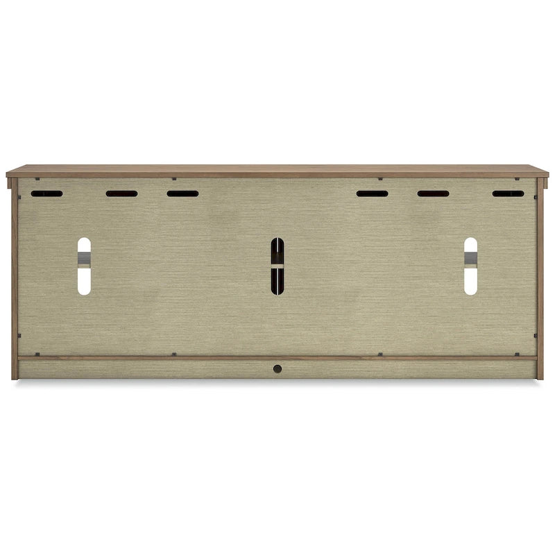 Mobile TV in legno marrone con ante in vetro, adatto a TV fino a 97", montaggio per 1 persona – 85W x 18D x 33H