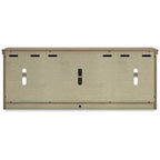Mobile TV in legno marrone con ante in vetro, adatto a TV fino a 97", montaggio per 1 persona – 85W x 18D x 33H