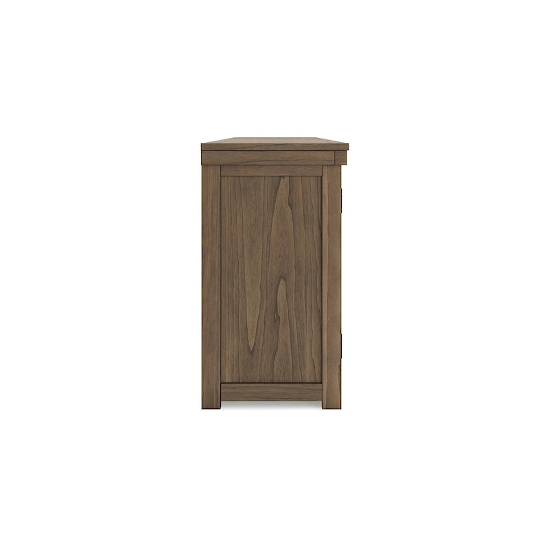 Mobile TV in legno marrone con ante in vetro, adatto a TV fino a 97", montaggio per 1 persona – 85W x 18D x 33H