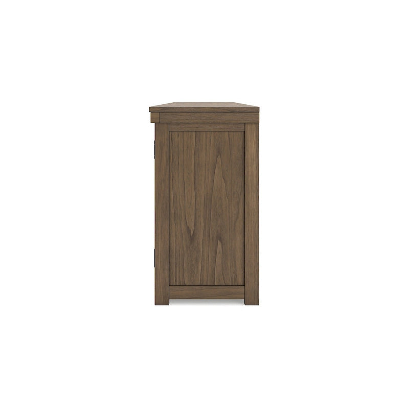 Mobile TV in legno marrone con ante in vetro, adatto a TV fino a 97", montaggio per 1 persona – 85W x 18D x 33H