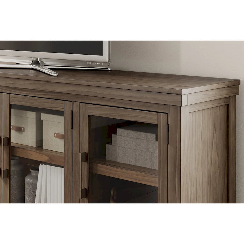 Mobile TV in legno marrone con ante in vetro, adatto a TV fino a 97", montaggio per 1 persona – 85W x 18D x 33H