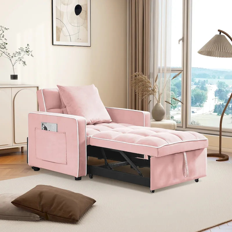 Poltrona Letto Pieghevole in Velluto Grigio / Rosa / Nero, Singola, con Schienale Regolabile