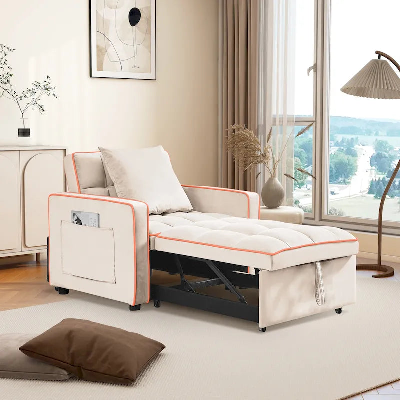 Poltrona Letto Pieghevole in Velluto Grigio / Rosa / Nero, Singola, con Schienale Regolabile
