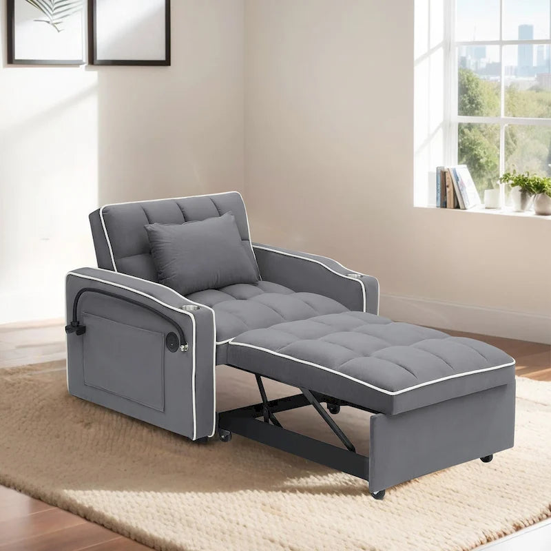 Poltrona Letto Pieghevole in Velluto Grigio / Rosa / Nero, Singola, con Schienale Regolabile