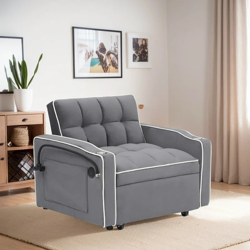 Poltrona Letto Pieghevole in Velluto Grigio / Rosa / Nero, Singola, con Schienale Regolabile
