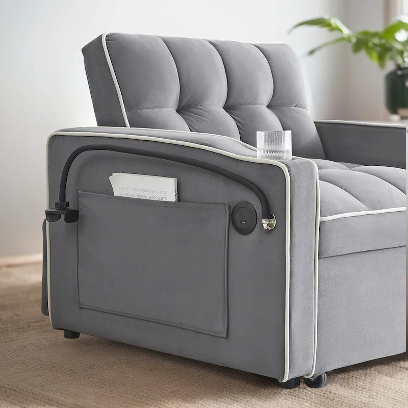 Poltrona Letto Pieghevole in Velluto Grigio / Rosa / Nero, Singola, con Schienale Regolabile