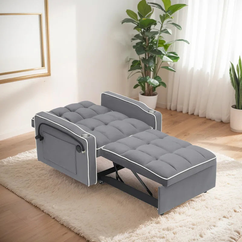 Poltrona Letto Pieghevole in Velluto Grigio / Rosa / Nero, Singola, con Schienale Regolabile