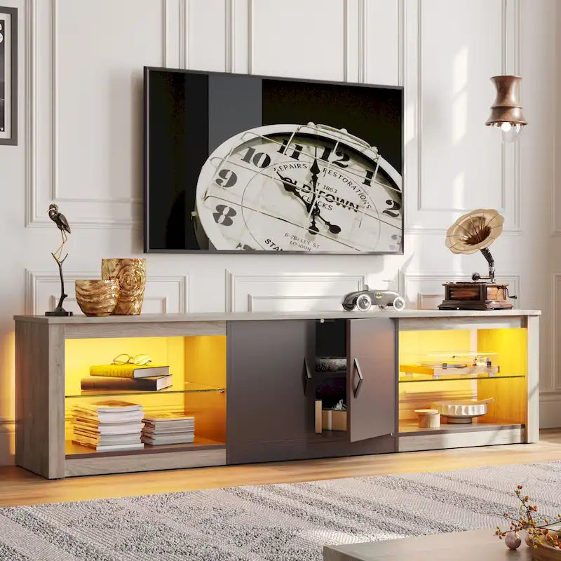 Mobile TV da 70" con LED RGB, per TV fino a 75", in Bianco Lavato / Nero Dorato / Grigio Lavato / Marrone Rustico / Noce / Pino, 1-Vano